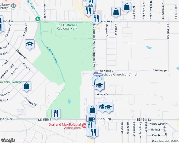 map of restaurants, bars, coffee shops, grocery stores, and more near 8911 Fairfield Greens Drive in Midwest City