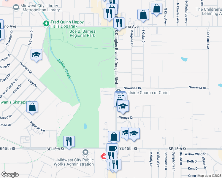 map of restaurants, bars, coffee shops, grocery stores, and more near 8913 Fairfield Greens Drive in Midwest City