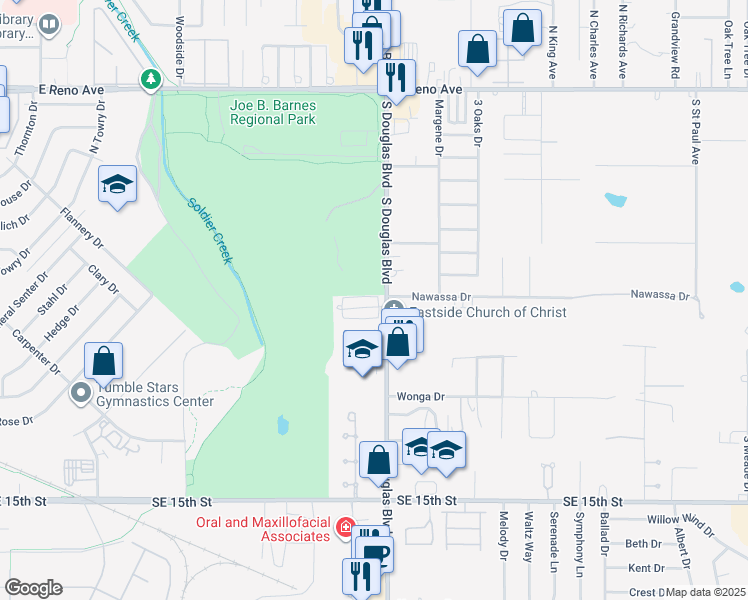 map of restaurants, bars, coffee shops, grocery stores, and more near 8919 Fairfield Greens Drive in Midwest City