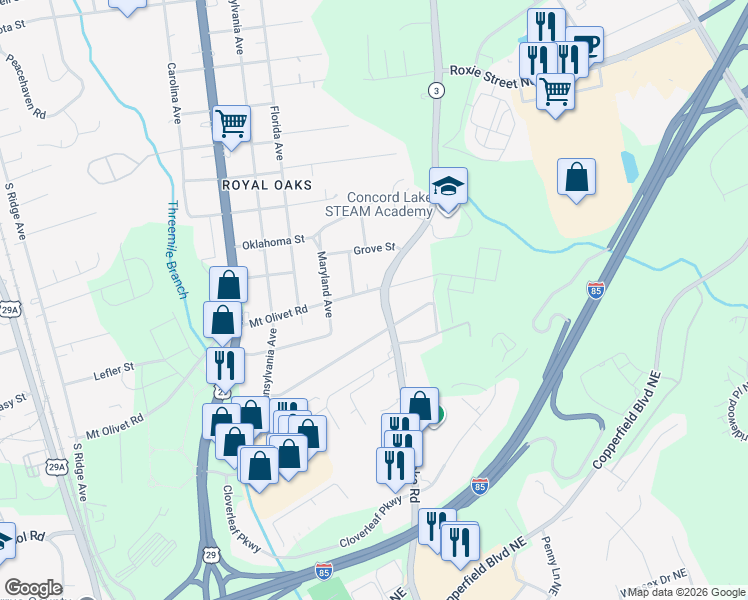map of restaurants, bars, coffee shops, grocery stores, and more near 1114 Mount Olivet Road in Kannapolis