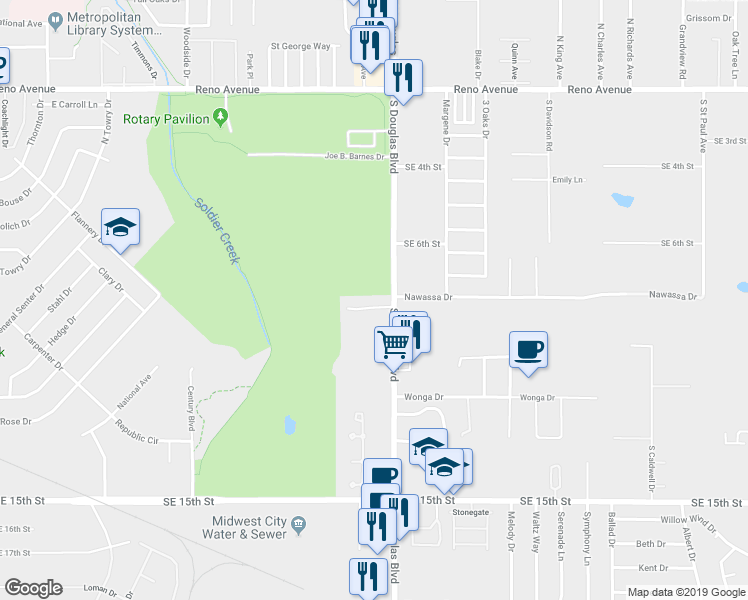 map of restaurants, bars, coffee shops, grocery stores, and more near 8923 Fairfield Greens Drive in Midwest City