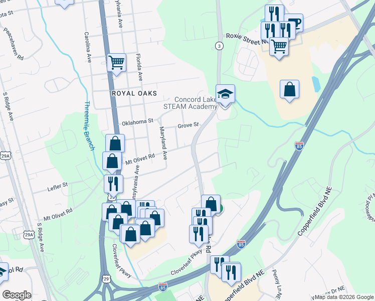 map of restaurants, bars, coffee shops, grocery stores, and more near 1114 Mount Olivet Road in Kannapolis
