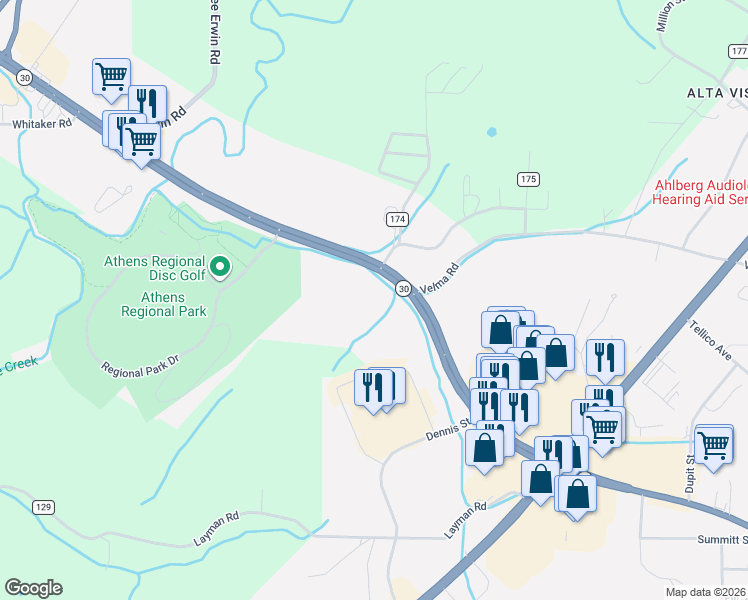 map of restaurants, bars, coffee shops, grocery stores, and more near 2113 Decatur Pike in Athens