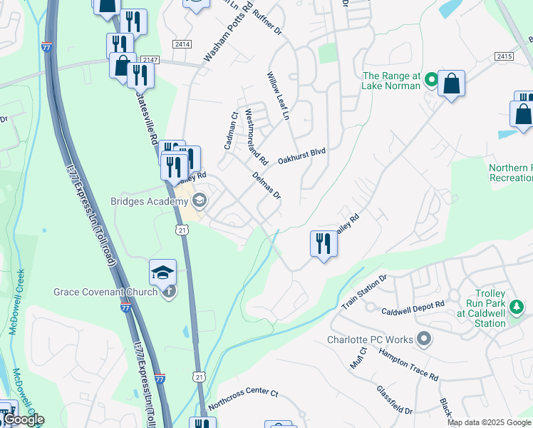 map of restaurants, bars, coffee shops, grocery stores, and more near 17703 Delmas Drive in Cornelius
