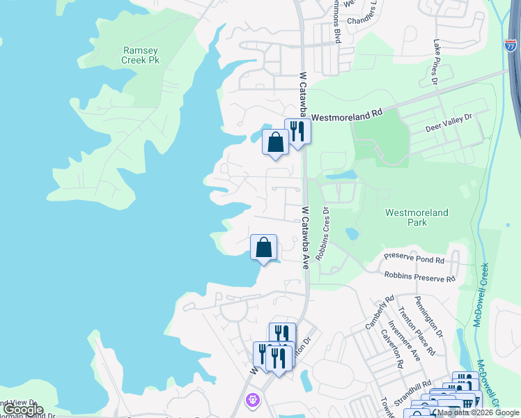 map of restaurants, bars, coffee shops, grocery stores, and more near 17810 Half Moon Lane in Cornelius