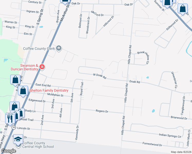 map of restaurants, bars, coffee shops, grocery stores, and more near 335 W Doak Rd in Manchester
