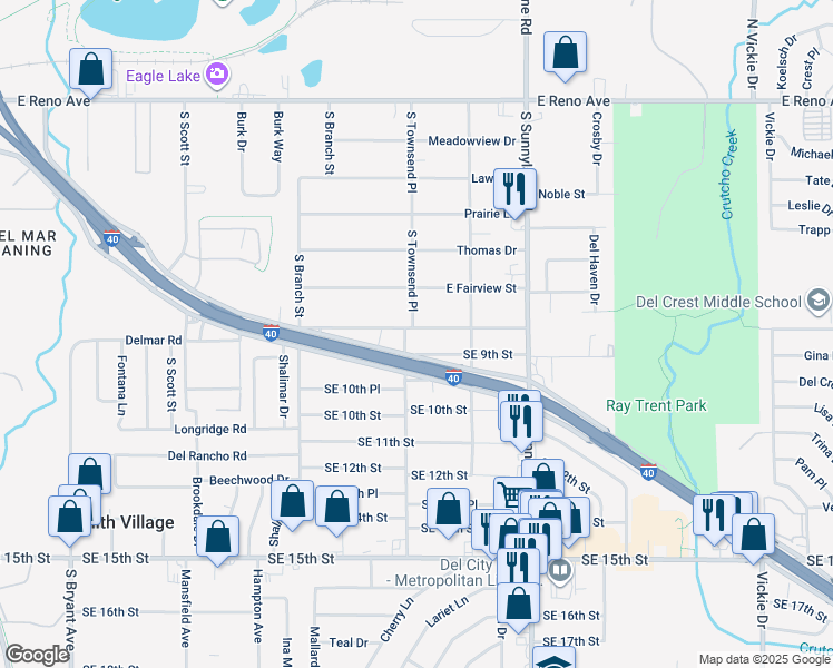 map of restaurants, bars, coffee shops, grocery stores, and more near 4002 Pearl Way in Del City