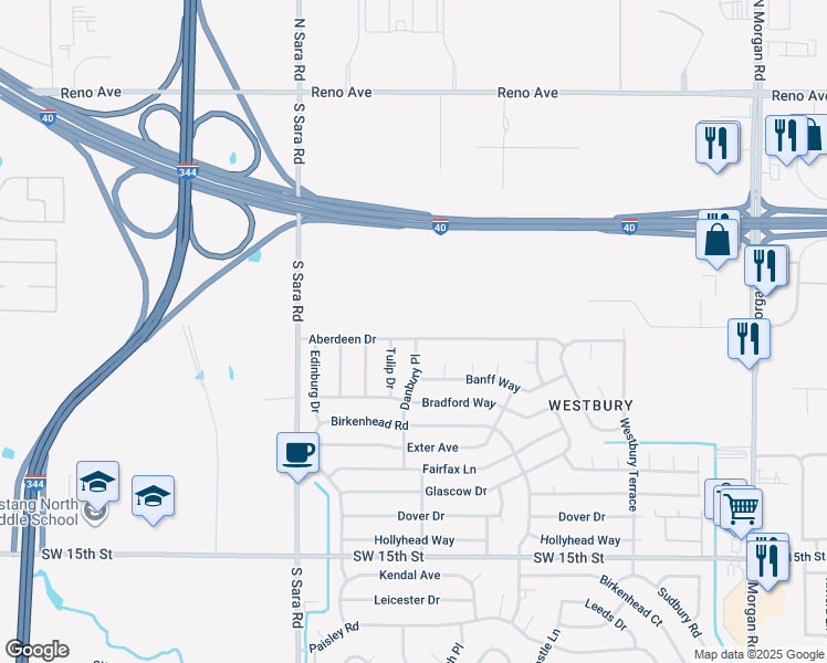 map of restaurants, bars, coffee shops, grocery stores, and more near 10401 Aberdeen Drive in Yukon