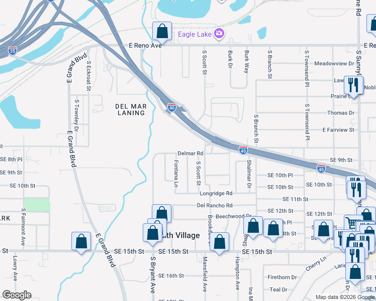map of restaurants, bars, coffee shops, grocery stores, and more near 3117 Delmar Road in Del City