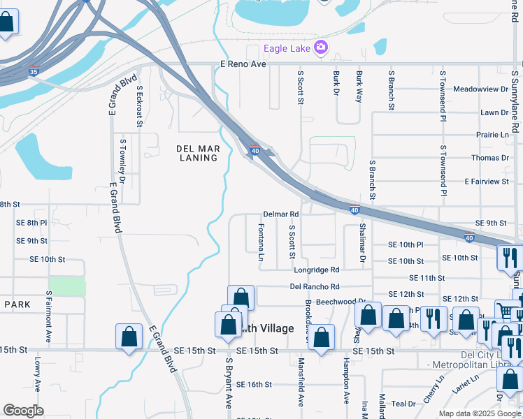 map of restaurants, bars, coffee shops, grocery stores, and more near 3117 Delmar Road in Del City