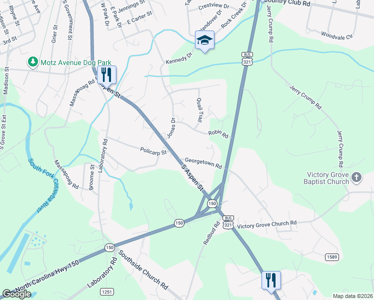 map of restaurants, bars, coffee shops, grocery stores, and more near 1005 Georgetown Road in Lincolnton