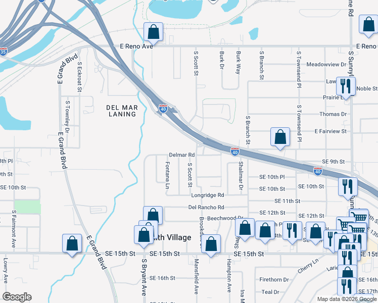 map of restaurants, bars, coffee shops, grocery stores, and more near 709 South Scott Street in Del City