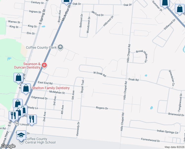 map of restaurants, bars, coffee shops, grocery stores, and more near 335 West Doak Road in Manchester