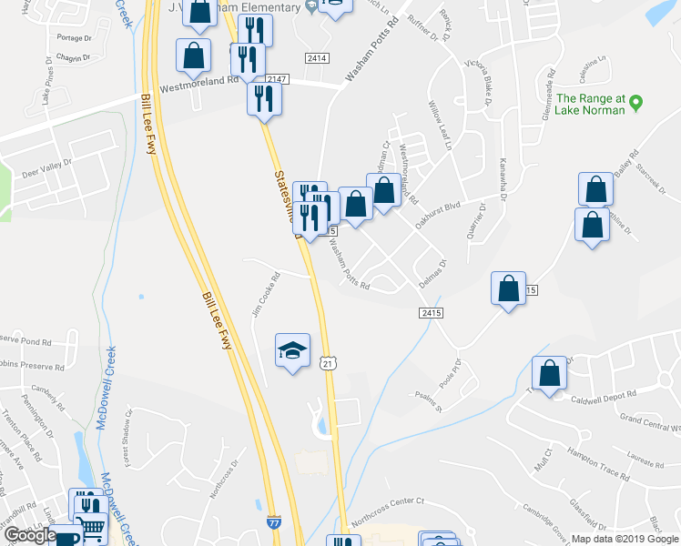 map of restaurants, bars, coffee shops, grocery stores, and more near 9115 Washam Potts Road in Cornelius