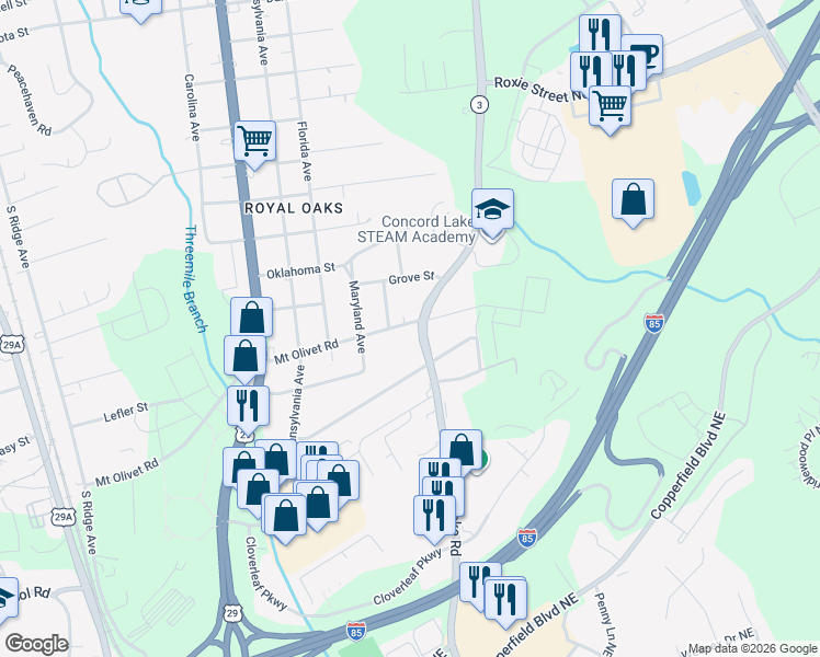map of restaurants, bars, coffee shops, grocery stores, and more near 1114 Mount Olivet Road in Kannapolis