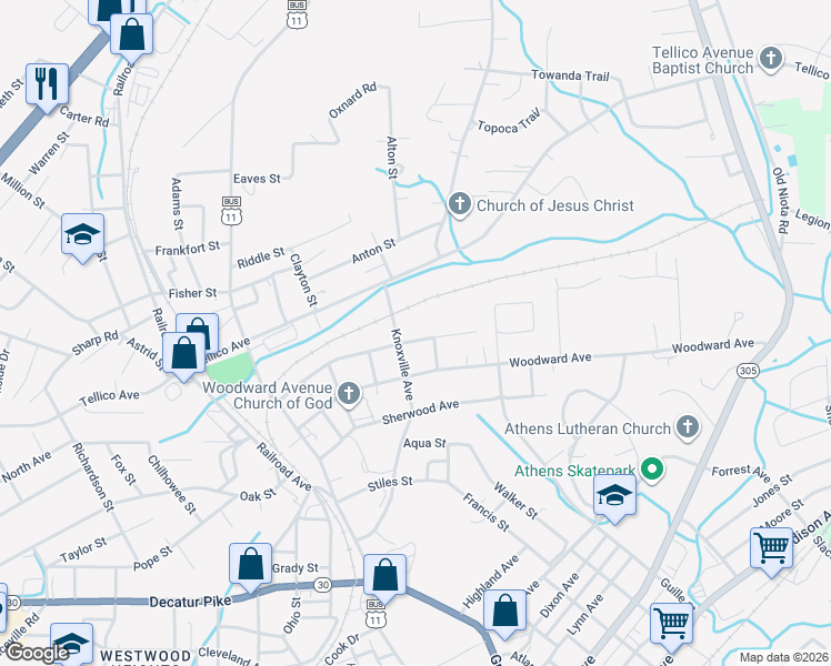 map of restaurants, bars, coffee shops, grocery stores, and more near 708 Tennessee Avenue in Athens