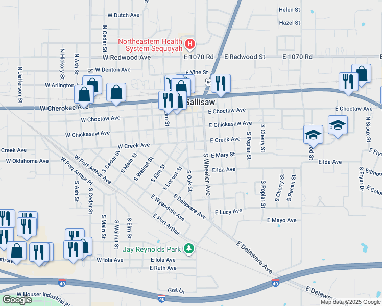 map of restaurants, bars, coffee shops, grocery stores, and more near 216 South Oak Street in Sallisaw