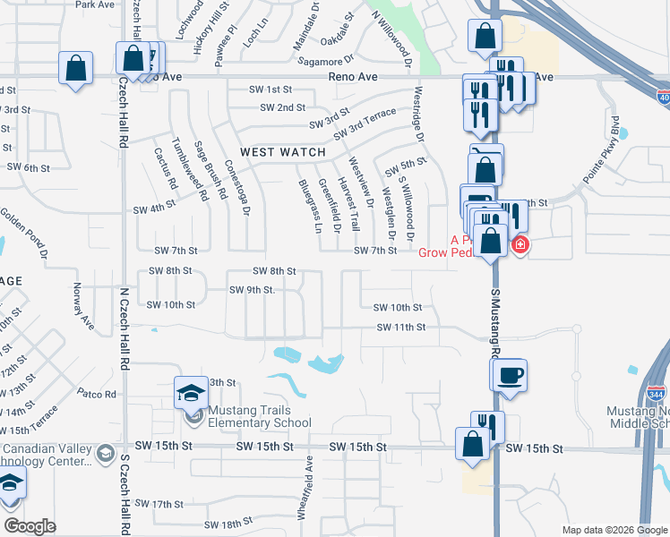 map of restaurants, bars, coffee shops, grocery stores, and more near 901 Greenfield Ave in Yukon