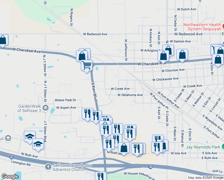 map of restaurants, bars, coffee shops, grocery stores, and more near 1210 West Creek Avenue in Sallisaw
