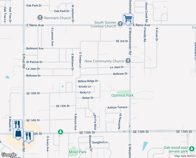 map of restaurants, bars, coffee shops, grocery stores, and more near 10621 Willow Ridge Drive in Midwest City