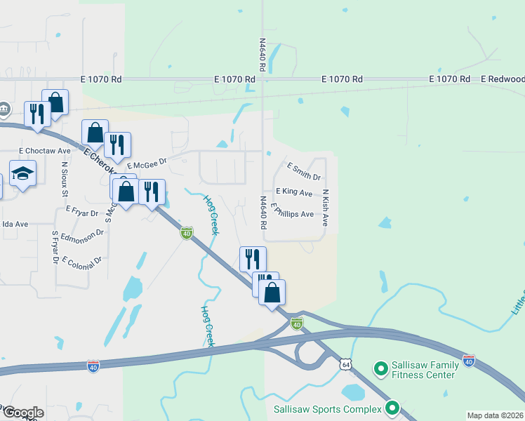 map of restaurants, bars, coffee shops, grocery stores, and more near 217 N4640 Road in Sallisaw