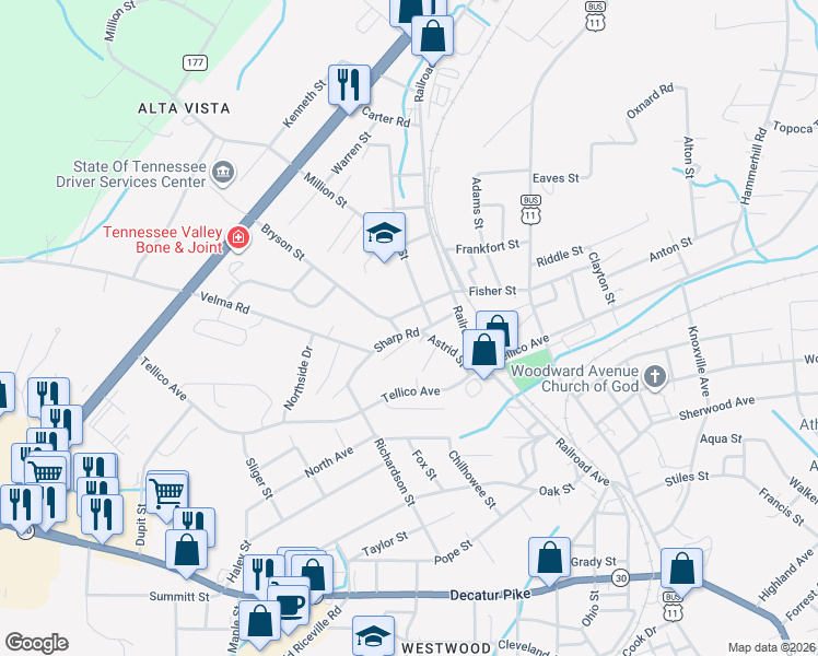 map of restaurants, bars, coffee shops, grocery stores, and more near 208 Bryson Street in Athens