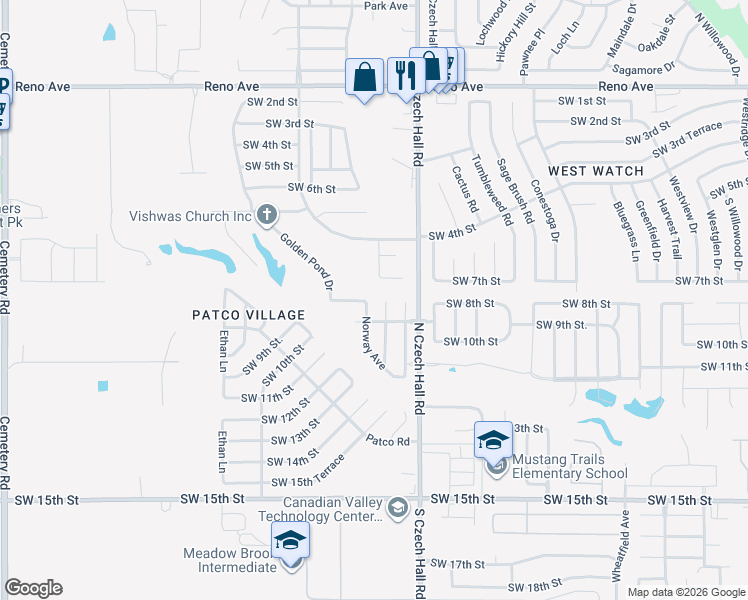 map of restaurants, bars, coffee shops, grocery stores, and more near 904 Norway Avenue in Yukon