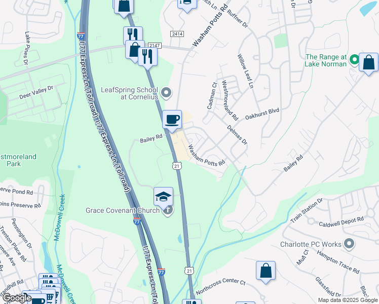map of restaurants, bars, coffee shops, grocery stores, and more near 9123 Washam Potts Road in Cornelius