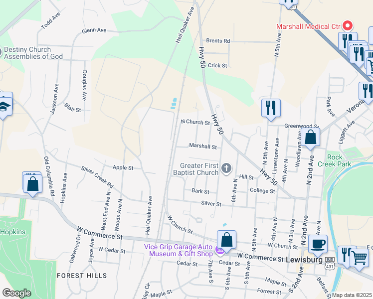 map of restaurants, bars, coffee shops, grocery stores, and more near 825 Marshall Street in Lewisburg