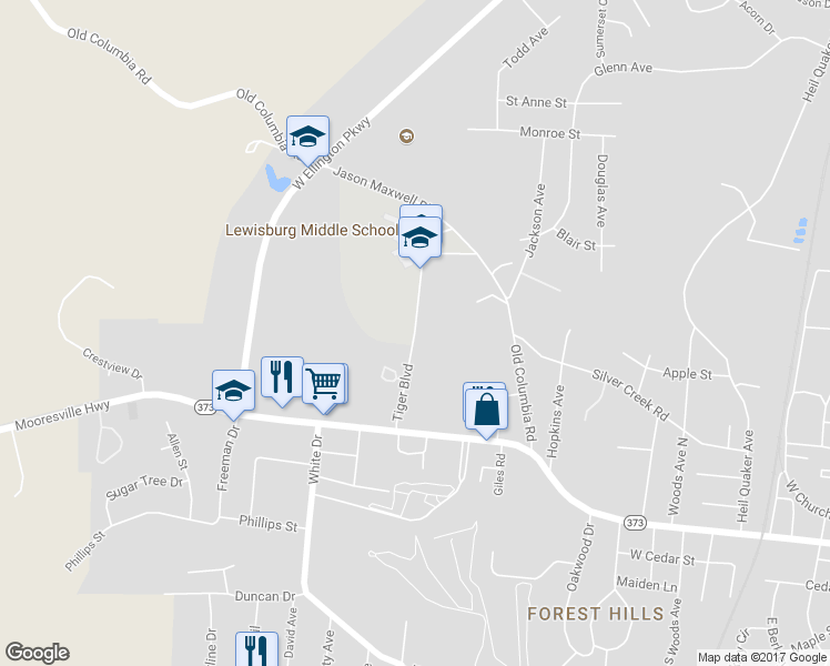 map of restaurants, bars, coffee shops, grocery stores, and more near 300 Tiger Boulevard in Lewisburg