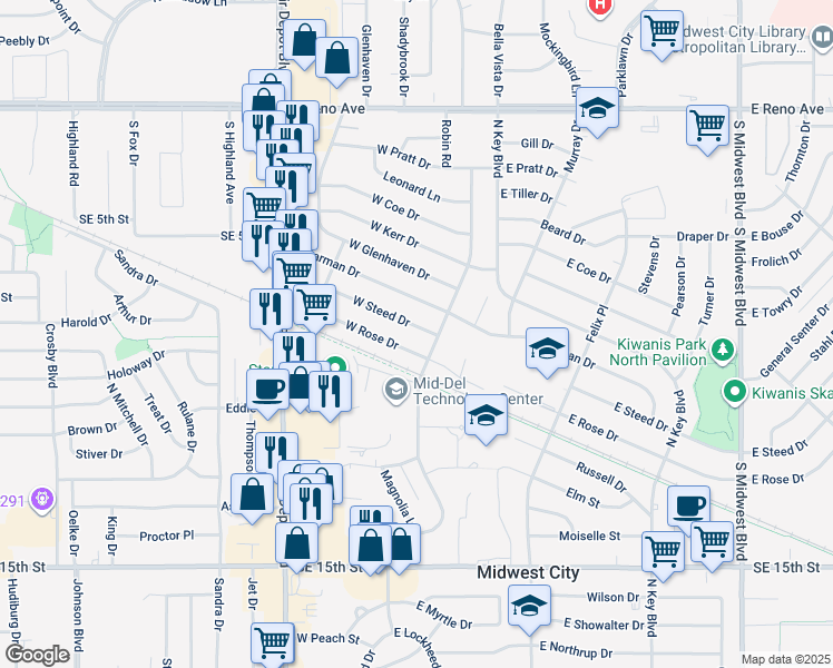 map of restaurants, bars, coffee shops, grocery stores, and more near 112 West Steed Drive in Midwest City