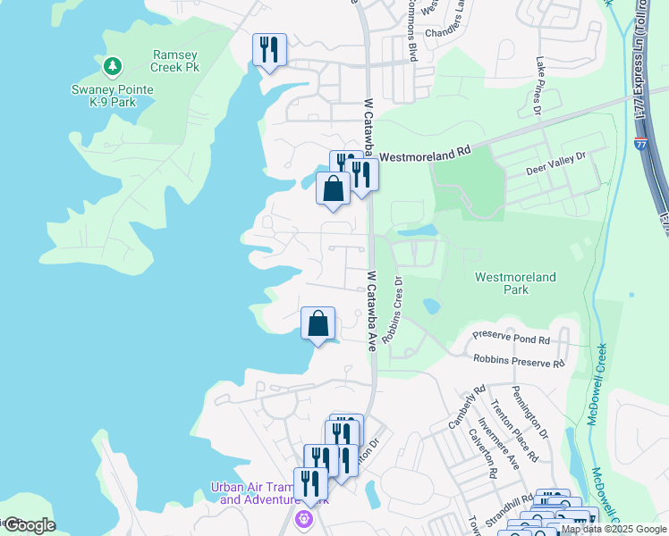 map of restaurants, bars, coffee shops, grocery stores, and more near 17725 Prescott Border Drive in Cornelius