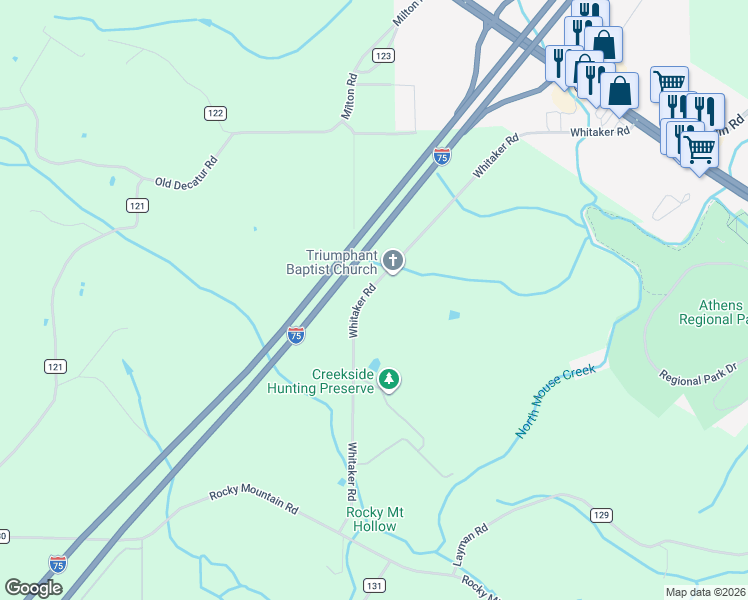 map of restaurants, bars, coffee shops, grocery stores, and more near 271 County Road 128 in Athens