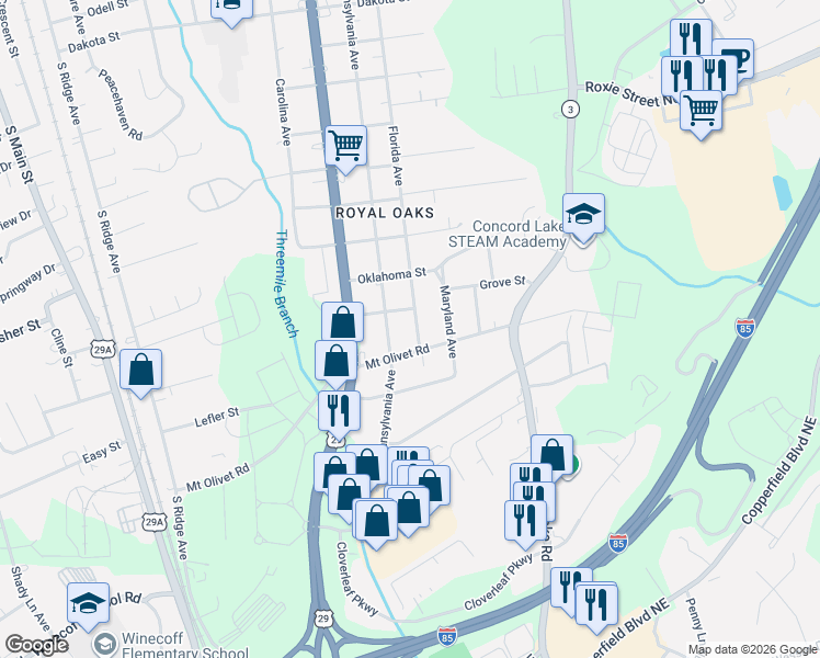 map of restaurants, bars, coffee shops, grocery stores, and more near 2807 Florida Avenue in Kannapolis