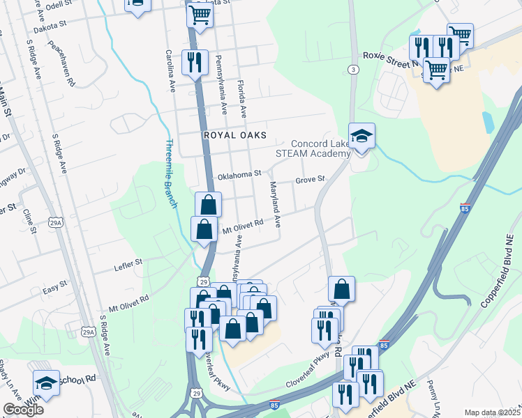 map of restaurants, bars, coffee shops, grocery stores, and more near 2807 Florida Avenue in Kannapolis