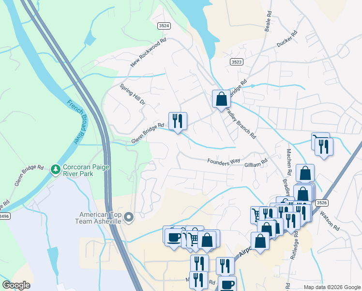 map of restaurants, bars, coffee shops, grocery stores, and more near 103 Founders Way in Arden