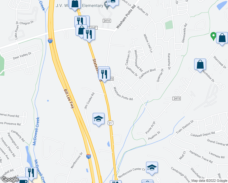 map of restaurants, bars, coffee shops, grocery stores, and more near 9127 Washam Potts Road in Cornelius