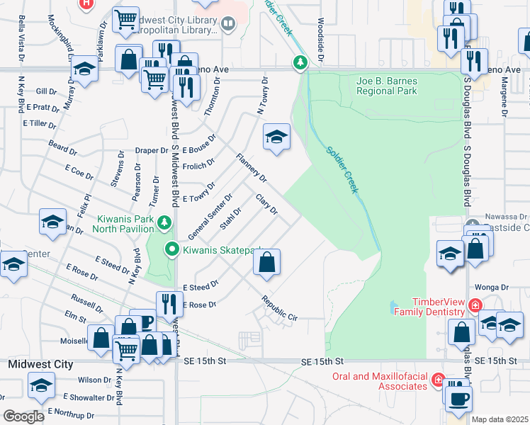 map of restaurants, bars, coffee shops, grocery stores, and more near 832 Hedge Drive in Midwest City