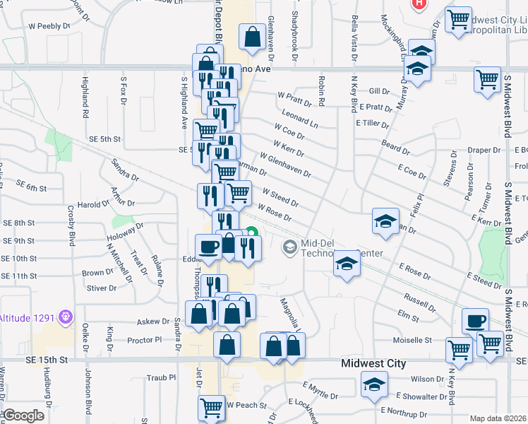 map of restaurants, bars, coffee shops, grocery stores, and more near 224 West Rose Drive in Midwest City