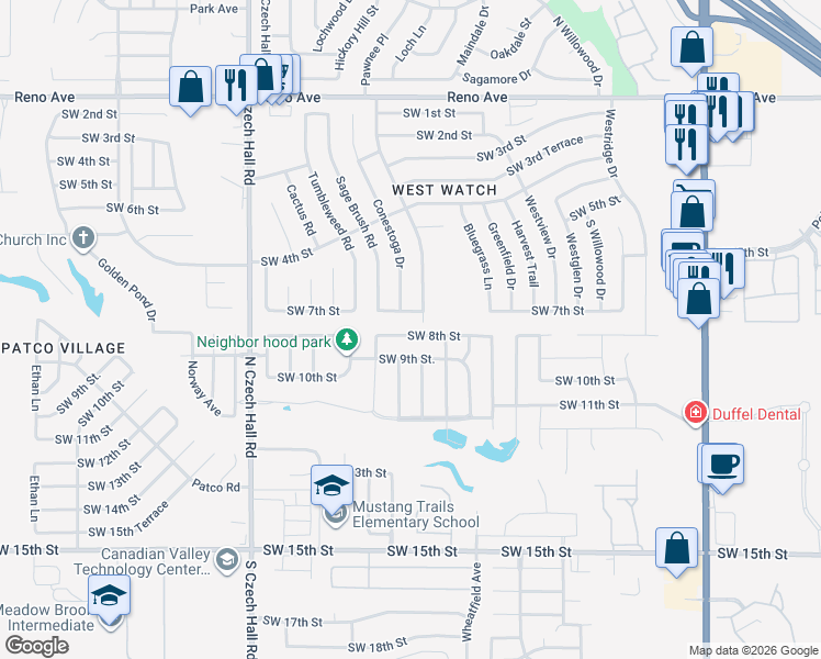 map of restaurants, bars, coffee shops, grocery stores, and more near 11829 Southwest 8th Street in Yukon