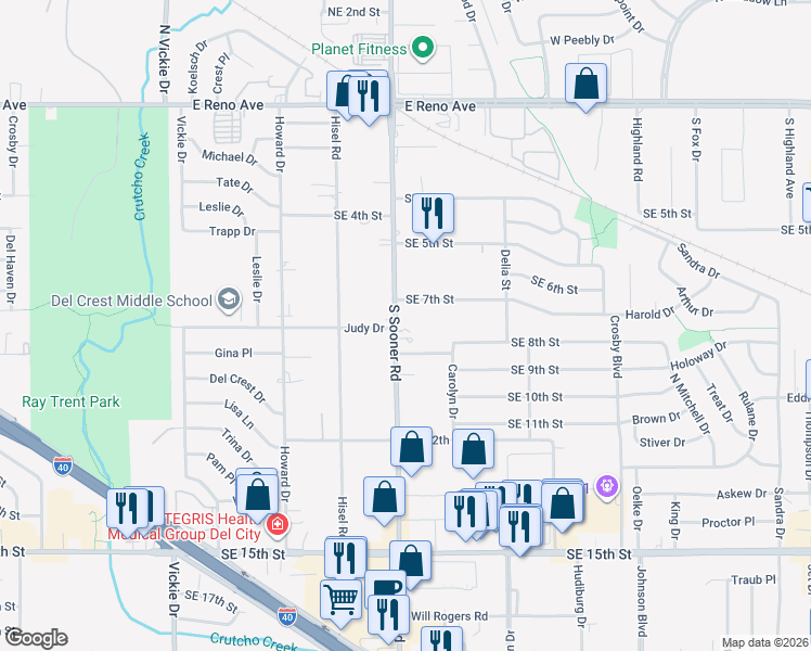 map of restaurants, bars, coffee shops, grocery stores, and more near 808 South Sooner Road in Midwest City