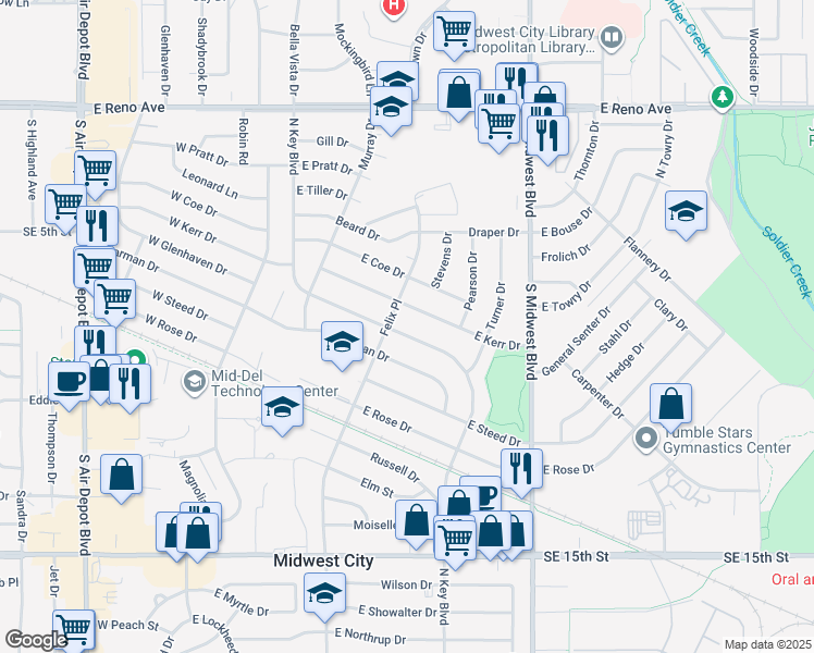 map of restaurants, bars, coffee shops, grocery stores, and more near 307 East Key Boulevard in Midwest City