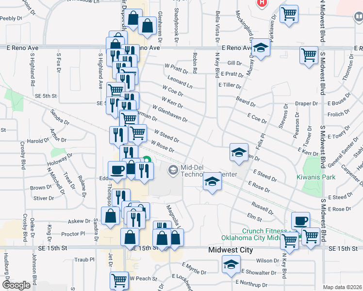 map of restaurants, bars, coffee shops, grocery stores, and more near 112 West Steed Drive in Midwest City