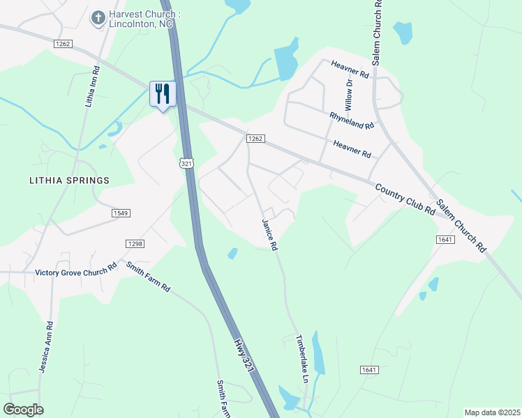 map of restaurants, bars, coffee shops, grocery stores, and more near 1227 Janice Road in Lincolnton