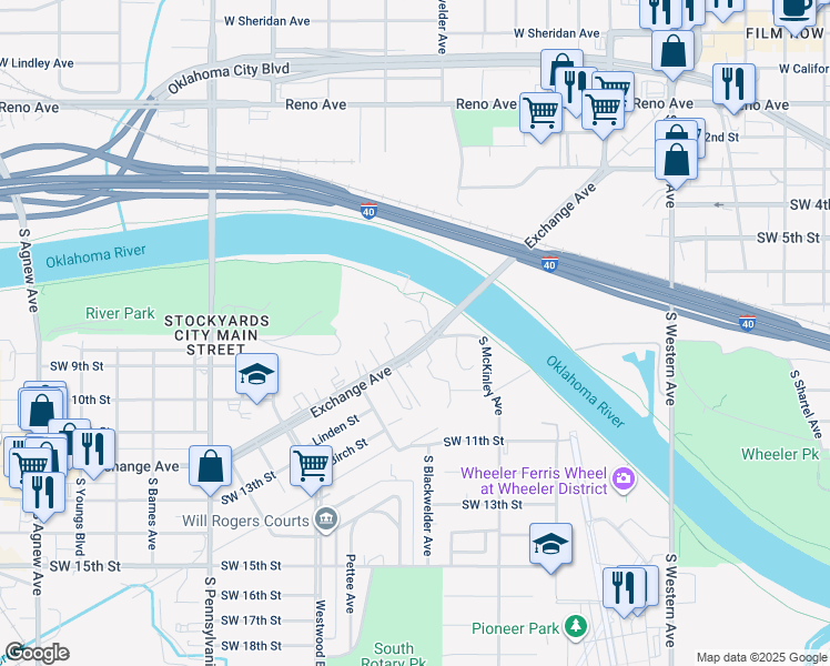 map of restaurants, bars, coffee shops, grocery stores, and more near 1501 Exchange Avenue in Oklahoma City