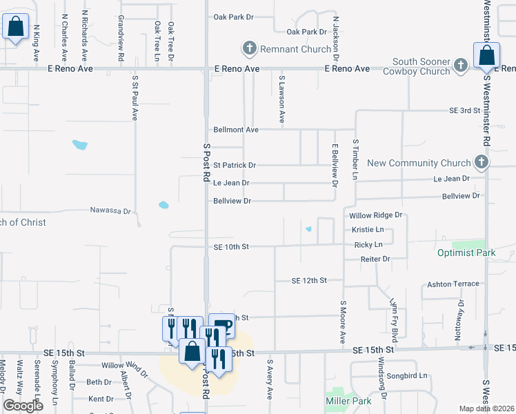 map of restaurants, bars, coffee shops, grocery stores, and more near 10212 Bellview Dr in Midwest City