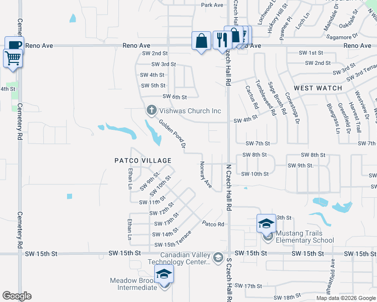 map of restaurants, bars, coffee shops, grocery stores, and more near 12333 Southwest 9th Terrace in Yukon
