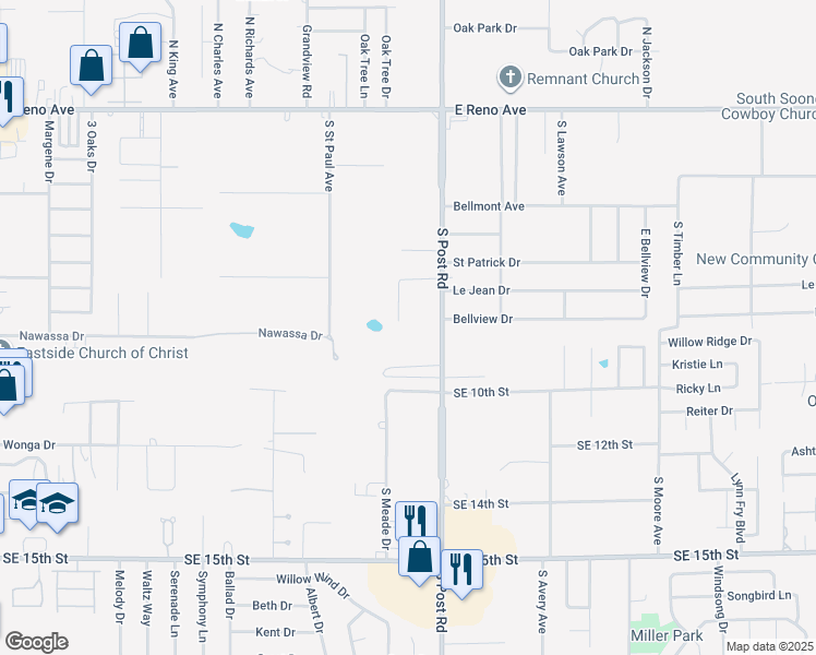 map of restaurants, bars, coffee shops, grocery stores, and more near 828 Hunters Run in Midwest City
