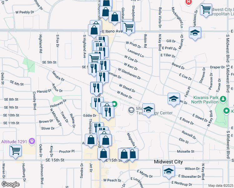 map of restaurants, bars, coffee shops, grocery stores, and more near 224 West Rose Drive in Midwest City