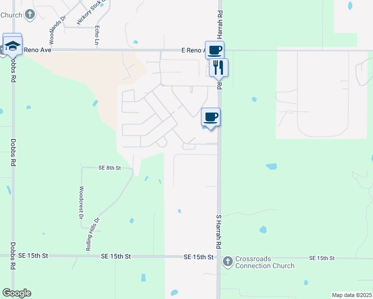 map of restaurants, bars, coffee shops, grocery stores, and more near Landmark Circle in Harrah